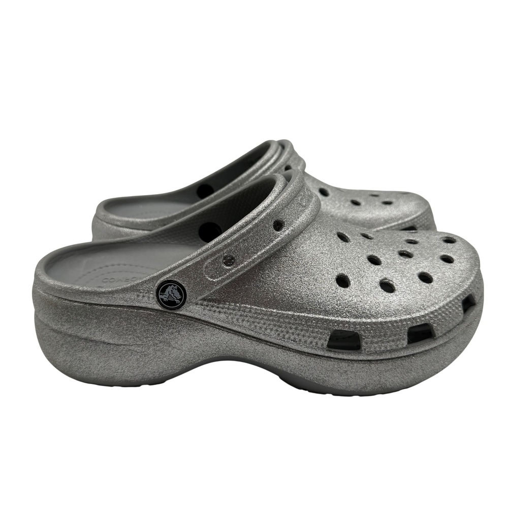 Crocs Classic Platform Clogs Womens 11 Silver Glitter Shimmer Slip On